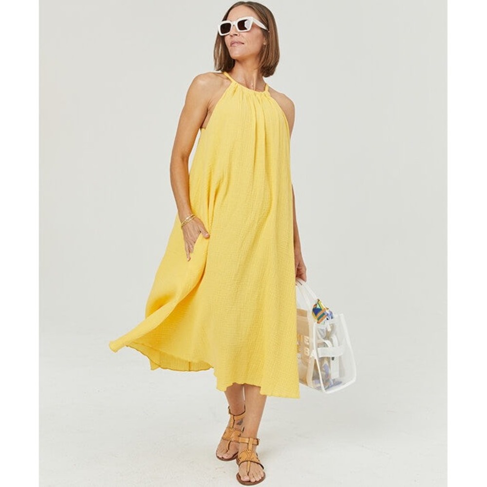 SheBird‎ Women Sofia Cotton Gauze Midi Dress Yellow Halter Trapeze Travel Resort